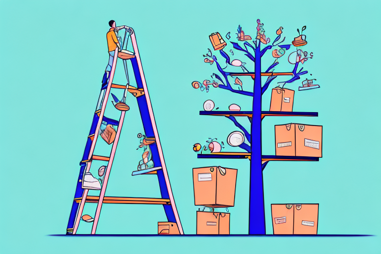 A step ladder with each step labeled as a different aspect of amazon fba like product sourcing