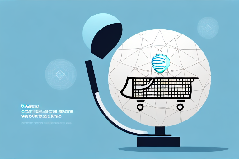 A microphone surrounded by various ecommerce elements like a shopping cart