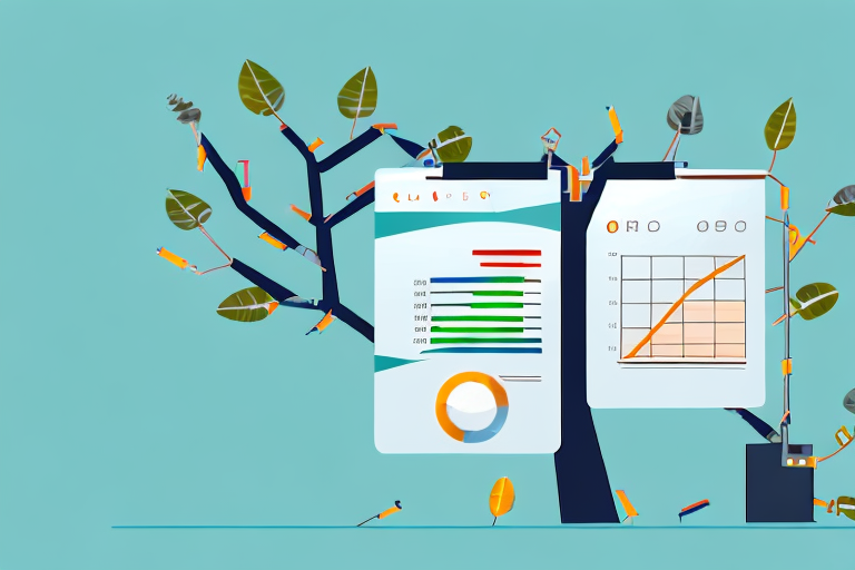 A robust amazonian tree with various business-related items (like a calculator