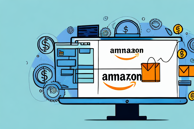 A computer screen showing an amazon product page with a symbolic dollar sign hovering above it