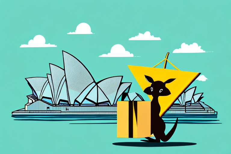 A kangaroo holding a box with the amazon arrow (without the logo) in front of a sydney opera house silhouette