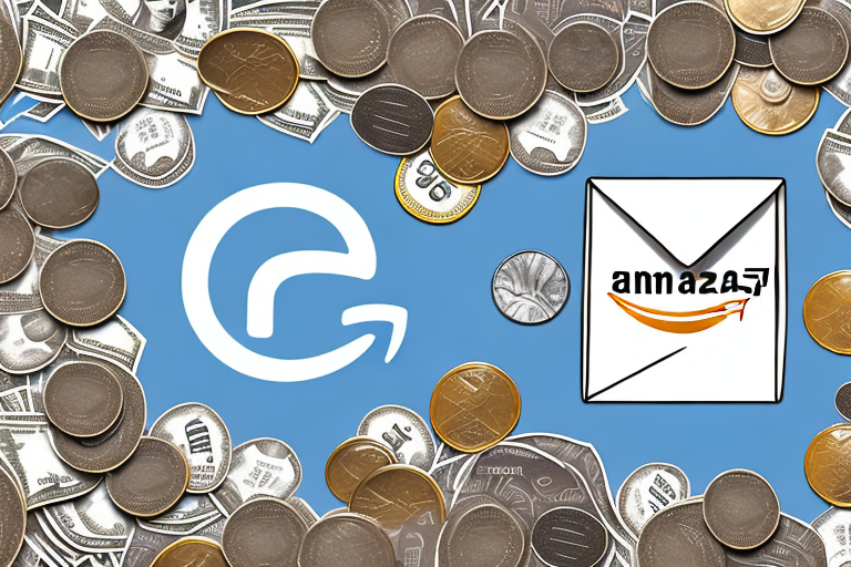 An amazon box filled with coins and dollar bills to symbolize profits