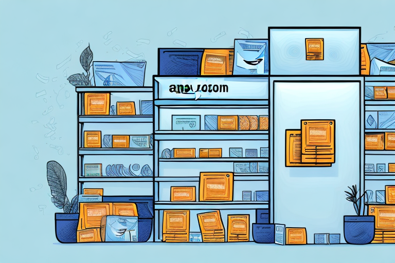 An amazon storefront with various products displayed and dollar bills floating around it