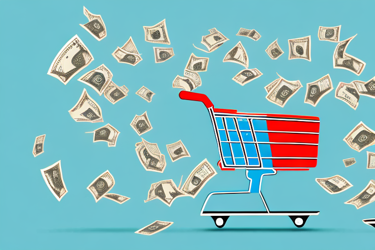 A shopping cart filled with various products next to an amazon box