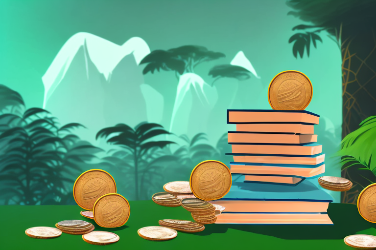 A stack of books next to a stylized amazon rainforest