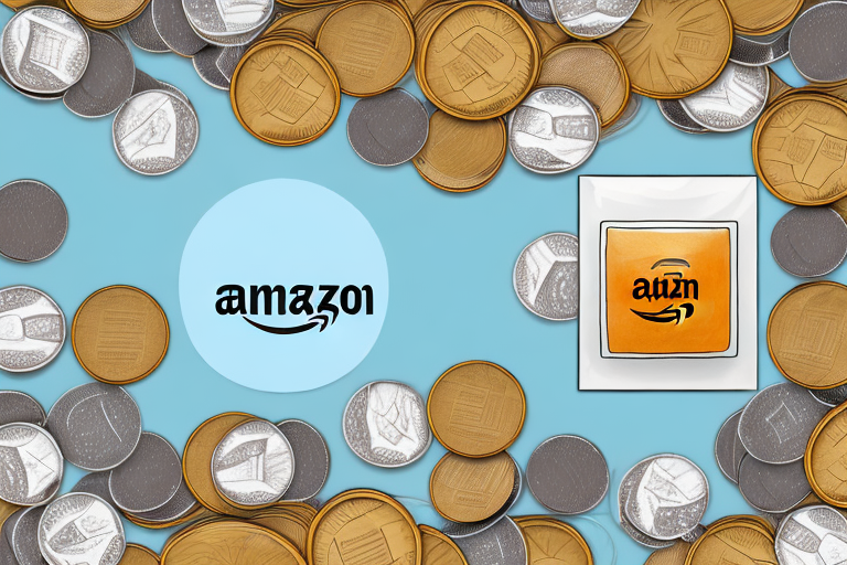 A bottle of argan oil surrounded by amazon boxes and stacks of coins