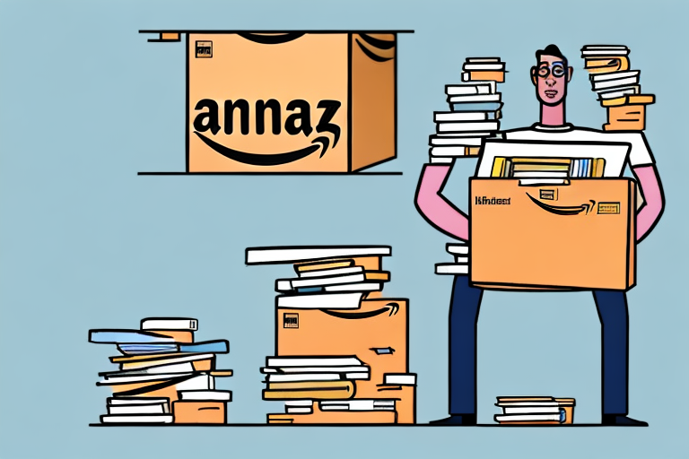 A stack of various books next to an amazon delivery box filled with coins