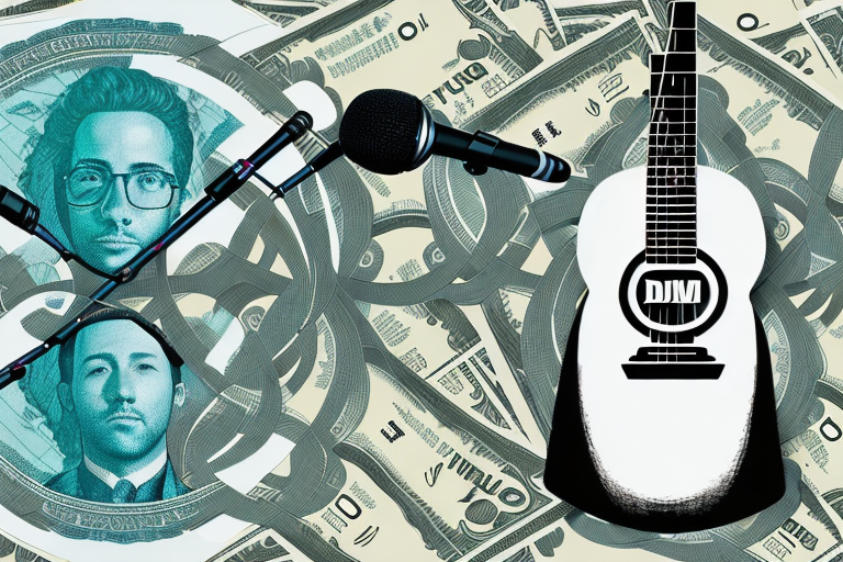 A guitar and a microphone entwined with dollar bills