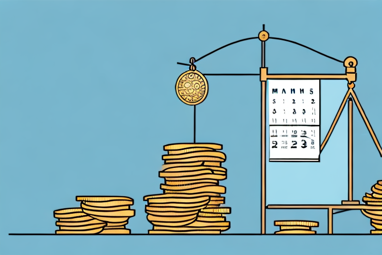 A scale balancing a box (representing amazon fba) and a pile of coins (representing profitability)