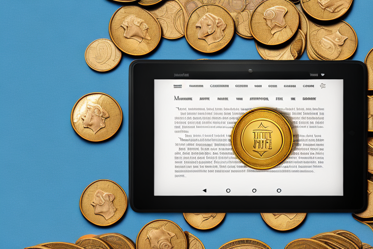 A kindle fire tablet surrounded by symbolic elements of profit such as gold coins and cash