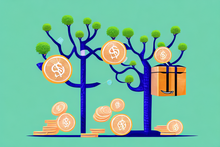 A money tree with amazon boxes as fruits and a twitch prime crown on top