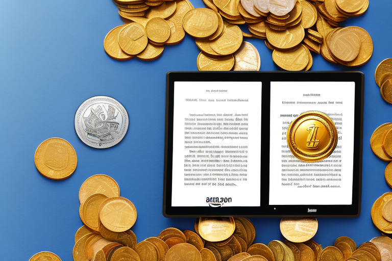 An amazon kindle surrounded by symbols of wealth like gold coins