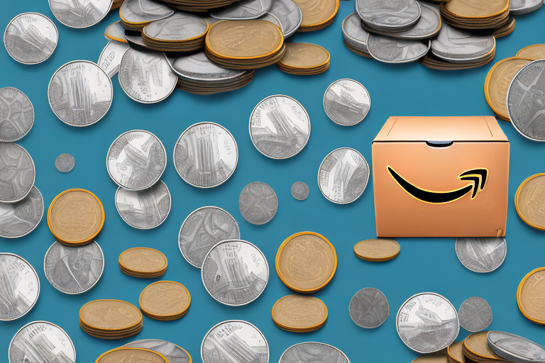 A stack of coins with an amazon box on top