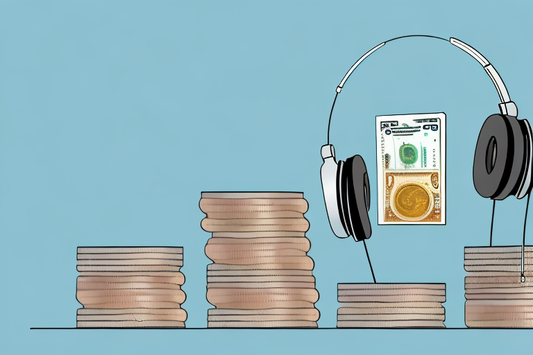 A pair of headphones resting on a stack of books with coins and dollar bills scattered around