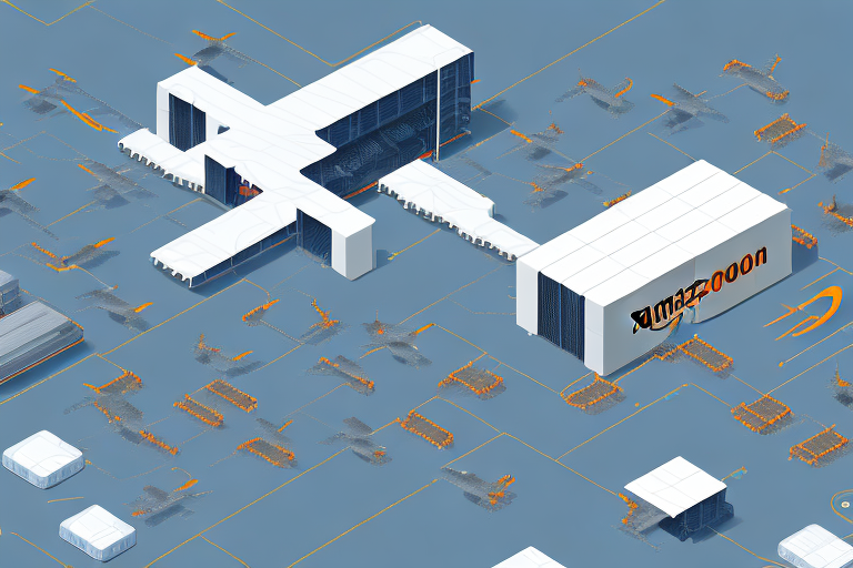 A futuristic warehouse filled with drones and automated machines