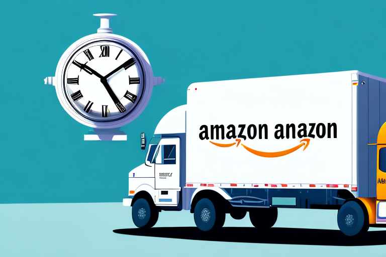 An amazon delivery truck speeding along a road with a clock showing two days in the background