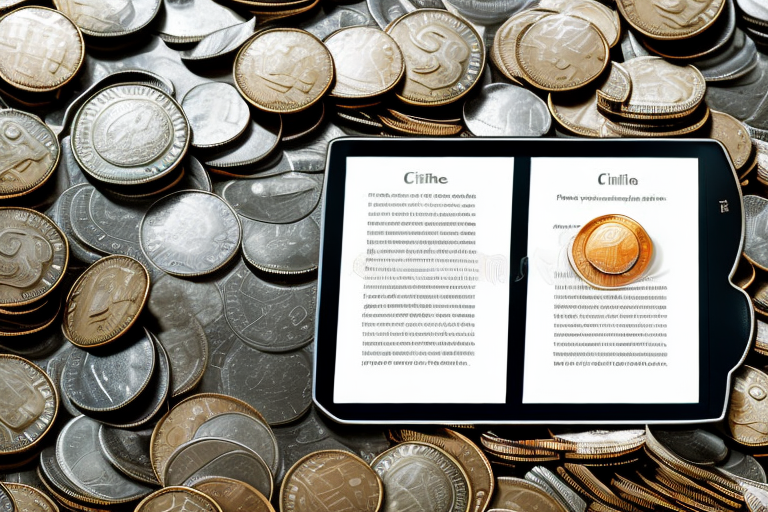 A kindle device surrounded by coins and dollar bills to symbolize the earnings from ebooks