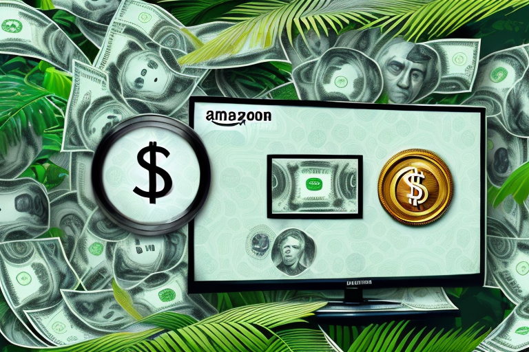 A television set surrounded by symbols of money