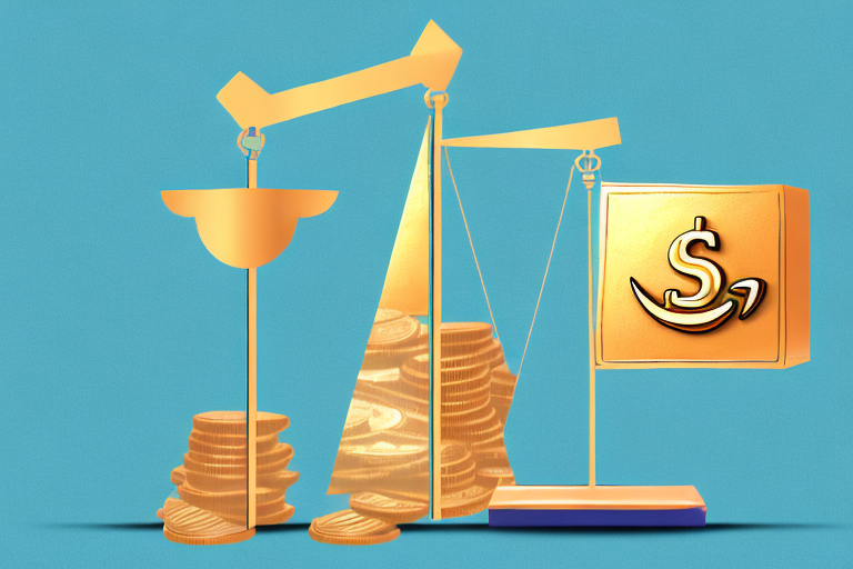 A scale balancing a box (representing amazon fba) on one side and a bag of gold coins (representing profit) on the other side