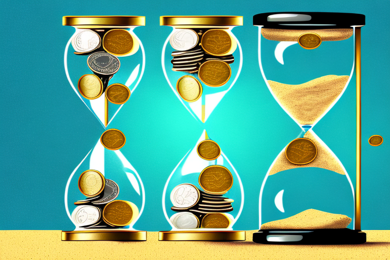 An hourglass with coins trickling down instead of sand