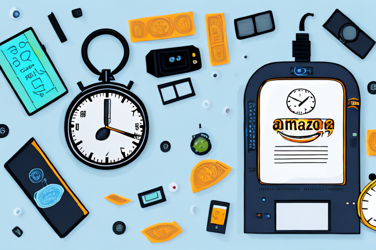 A stopwatch surrounded by various amazon products like books