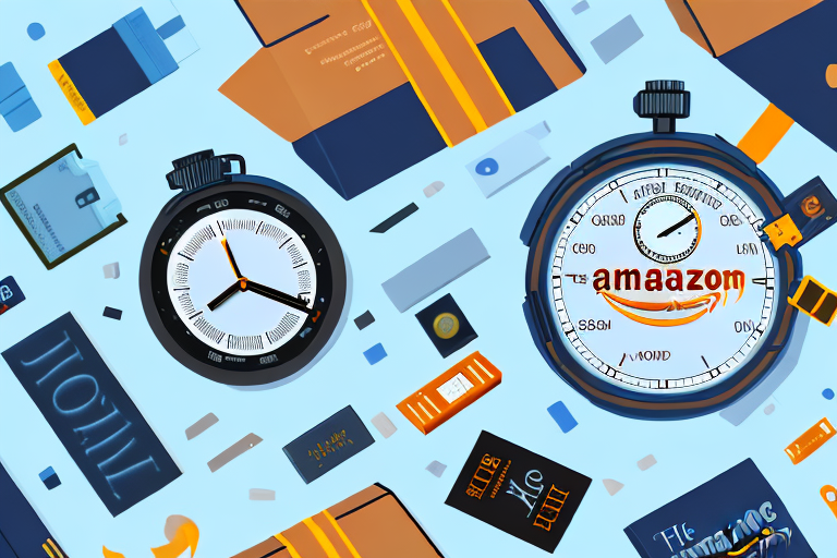 A stopwatch surrounded by various amazon products like boxes