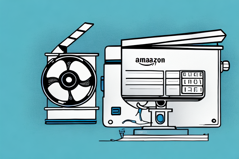 A movie reel and a cash register intertwined with an amazon prime colored play button