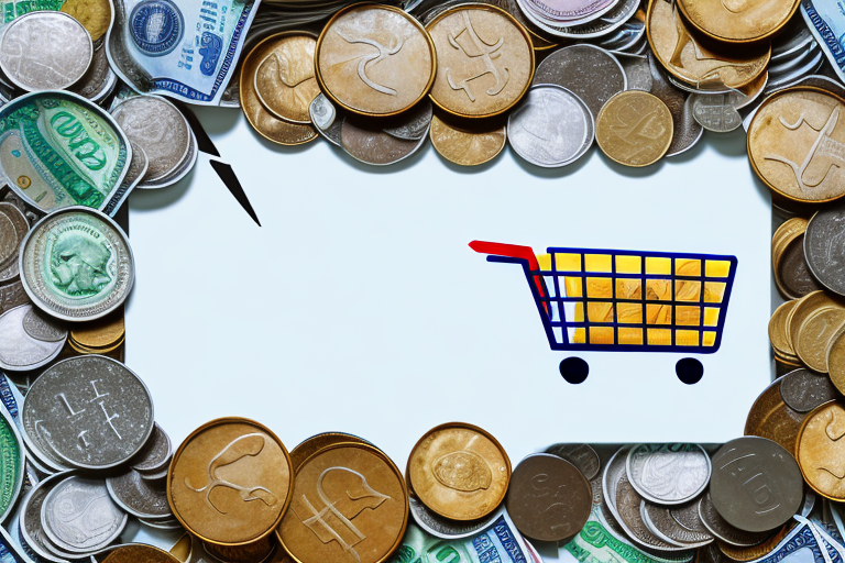 A shopping cart filled with various generic products