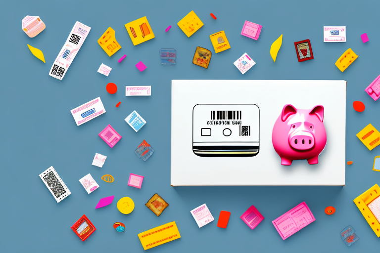 A piggy bank sitting atop a cardboard box with a barcode