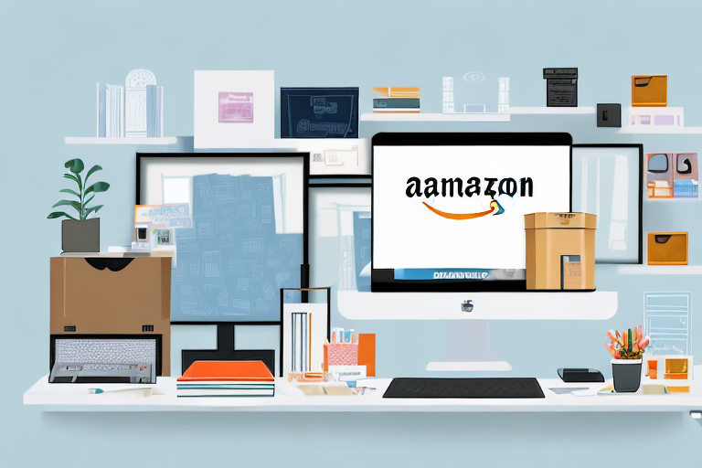 A home workspace with a computer displaying an amazon webpage