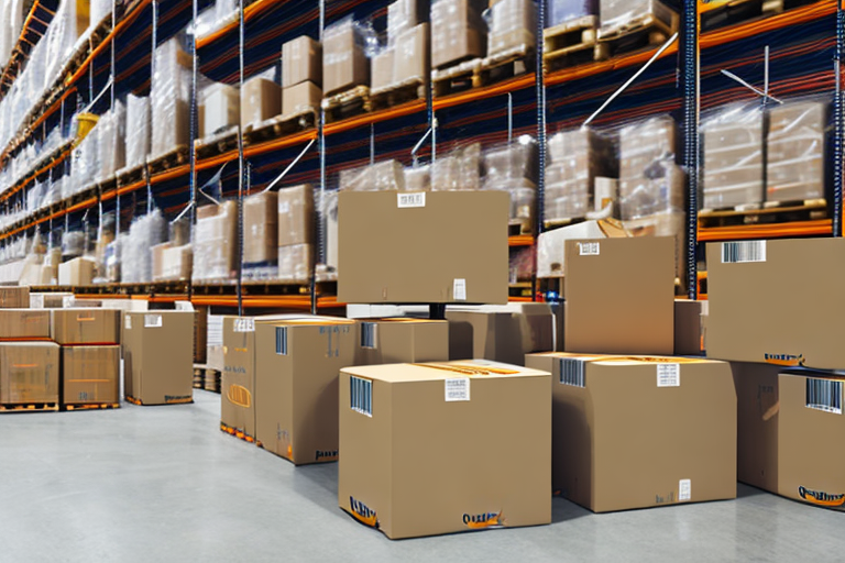 A warehouse with amazon boxes being loaded onto a delivery truck