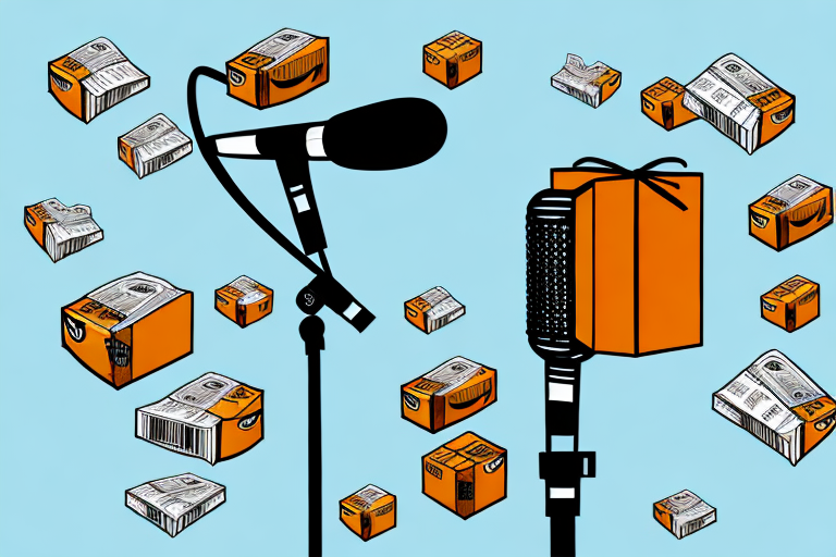 A microphone surrounded by amazon packages and dollar signs