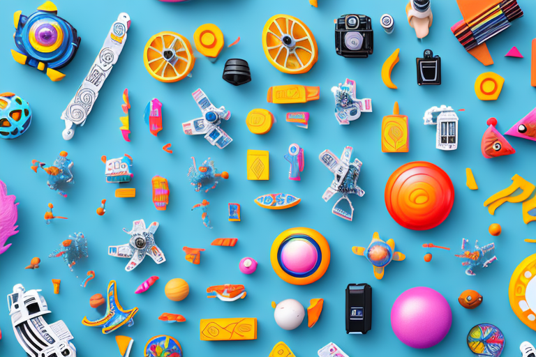 A variety of popular toys arranged in a creative manner on an amazon-themed background