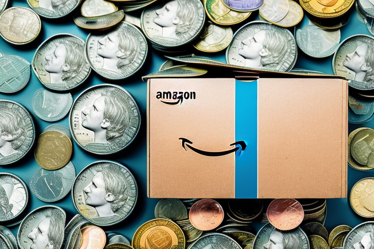 An amazon box filled with coins and dollar bills