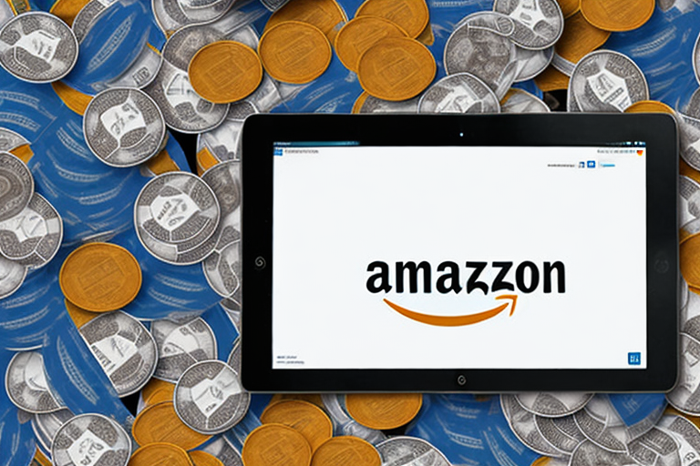 A stack of various dvds next to a digital tablet displaying amazon's homepage