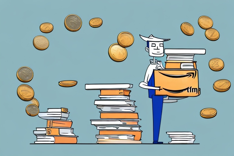 A stack of various books with an amazon delivery box and a pile of coins