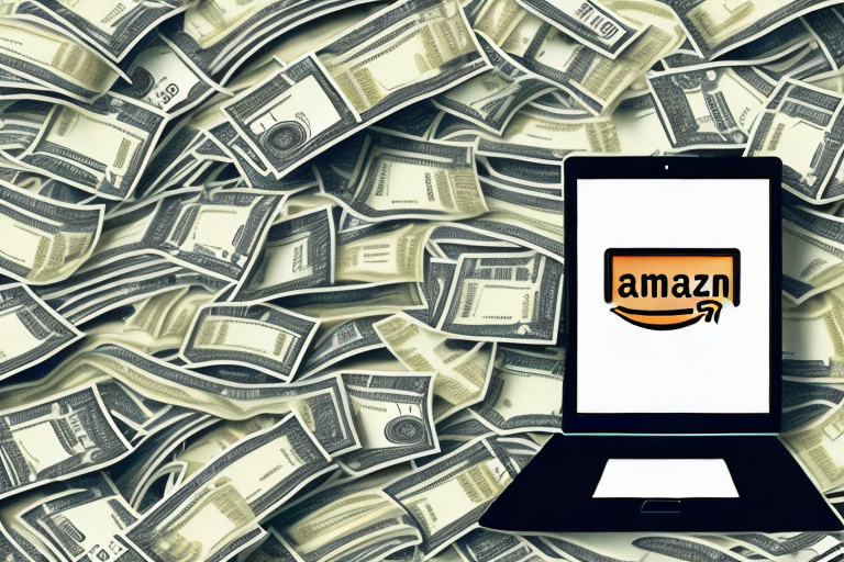 A computer with an amazon webpage displayed on the screen and stacks of cash surrounding it