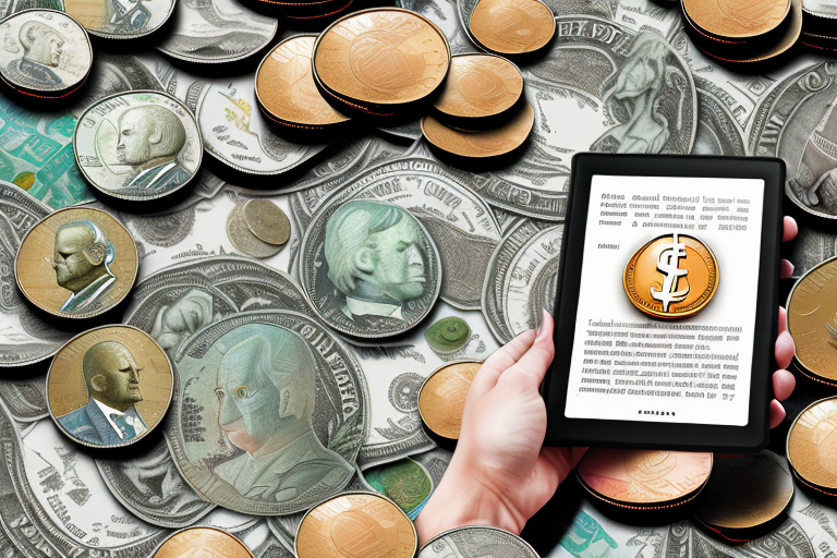 A kindle e-reader surrounded by dollar bills and coins