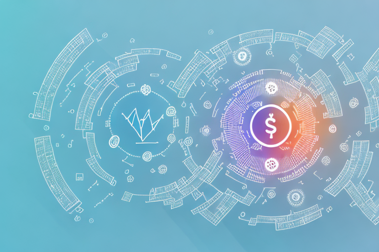 An amazon echo device surrounded by symbols representing money and data analytics