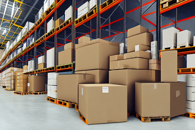 A warehouse full of boxes with a delivery truck outside