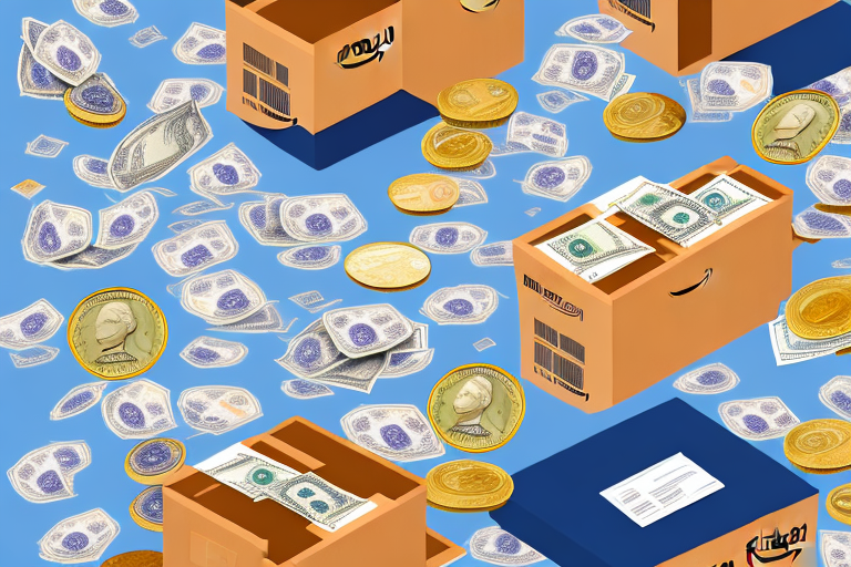 An amazon delivery box overflowing with coins and banknotes