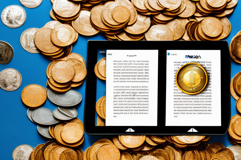 An amazon kindle surrounded by gold coins and dollar bills