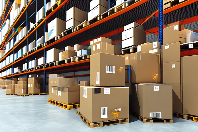 A warehouse with amazon boxes being loaded onto a delivery truck