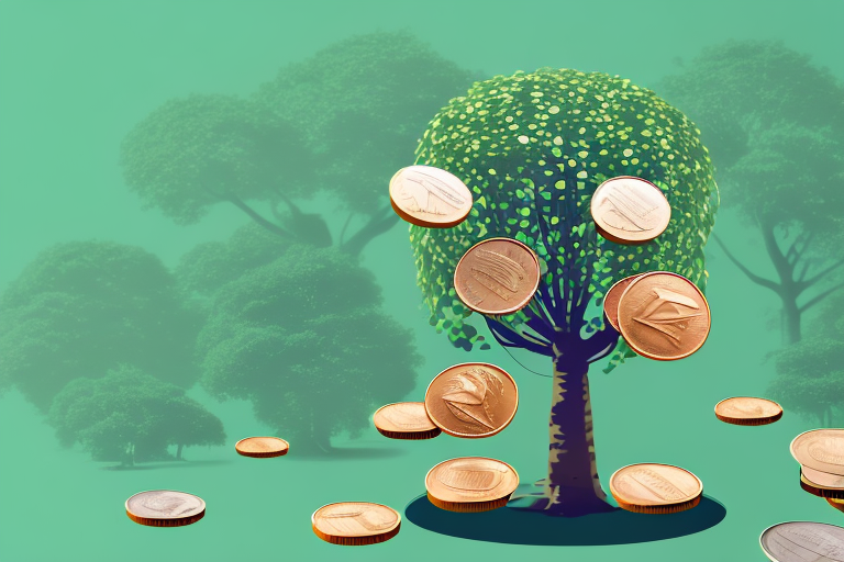 A small pile of coins gradually transforming into a large amazon rainforest tree