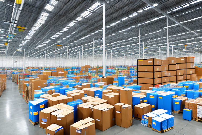 An amazon warehouse with a conveyor belt full of various products and a globe in the background