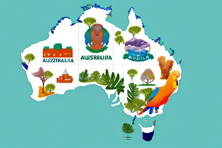 A map of australia with symbolic ecommerce elements like a shopping cart