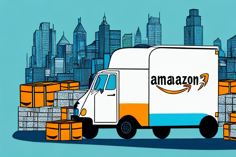 A delivery van with amazon-themed colors parked in front of a bustling cityscape