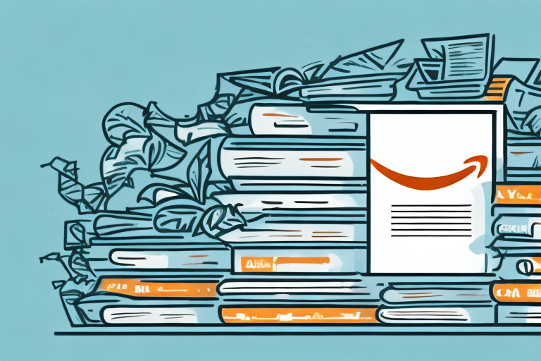 A large stack of various books next to a stylized amazon box