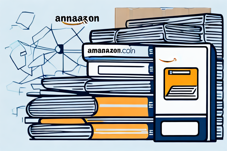 A stack of various used books next to an amazon delivery box