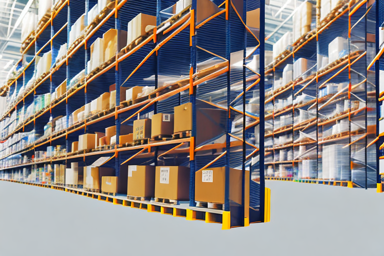 A well-organized warehouse with shelves full of labeled boxes